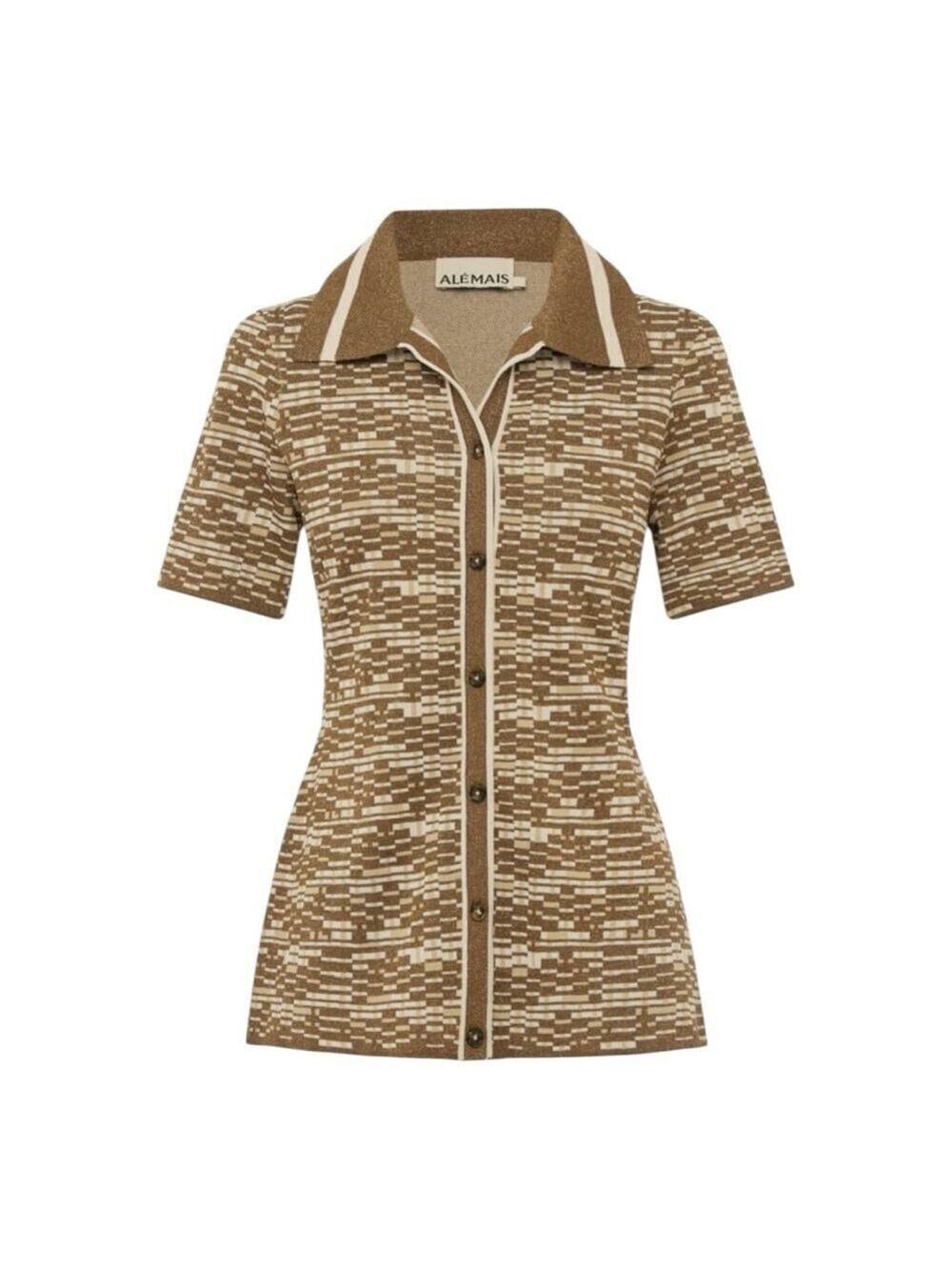 ALEMAIS Brown & White Stefanie Knit Button Down Shirt, Size 6 - Picture 3 of 14